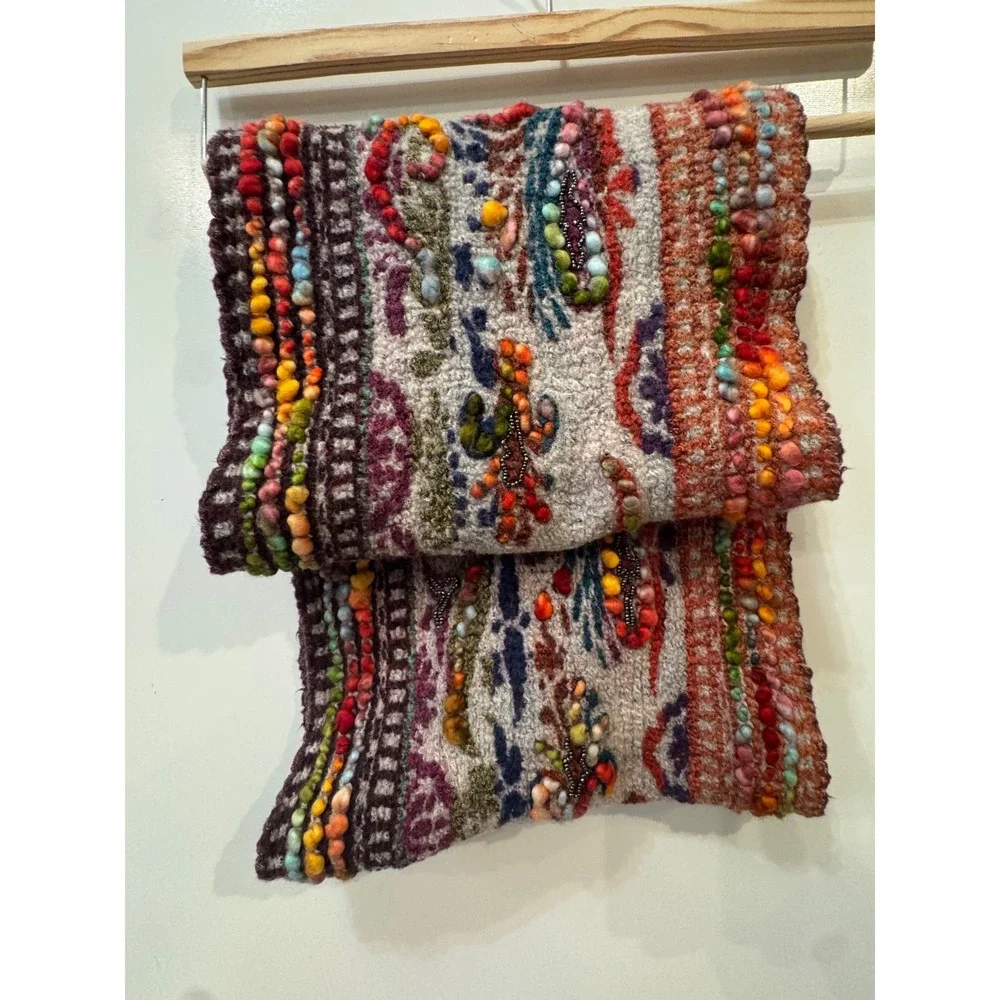 Anthropologie Wool Multi-Color Beaded Pom Pom Scarf Wrap boho art statement